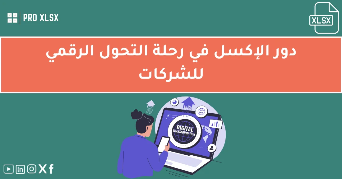 صورة تحتوي على عنوان المقال حول: " الإكسل والتحول الرقمي للشركات ودورها المؤثر" مع عنصر بصري معبر
